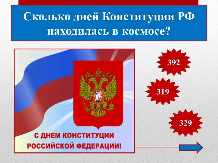 Сколько дней Конституции РФ находилась в космосе? 319 329 392