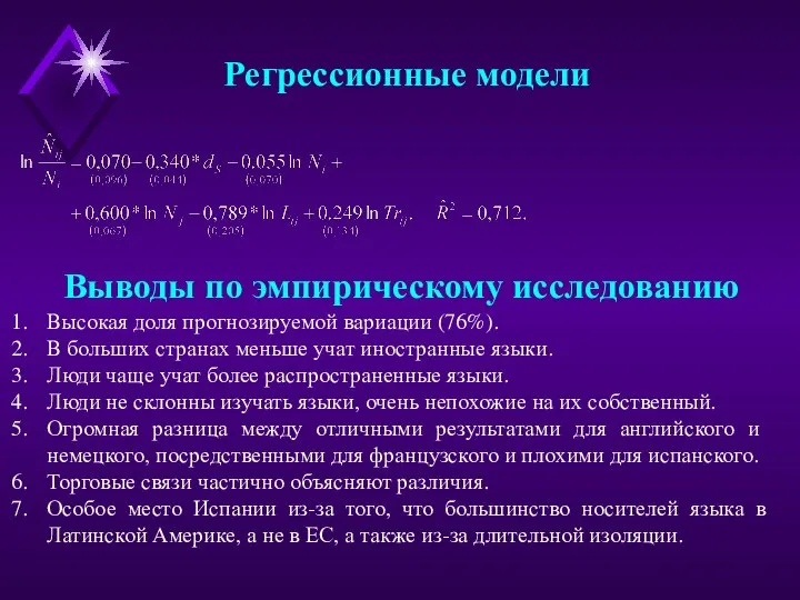 Регрессионные модели Выводы по эмпирическому исследованию Высокая доля прогнозируемой вариации (76%). В