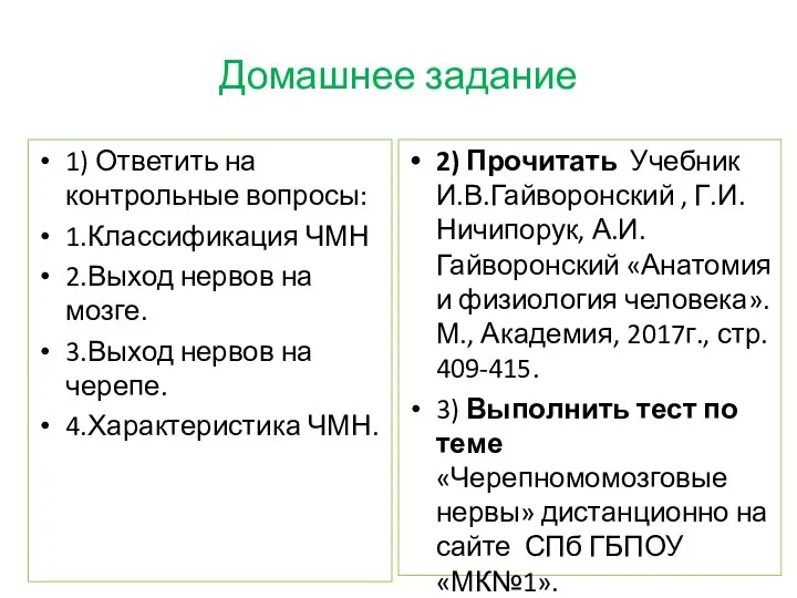 Домашнее задание 1) Ответить на контрольные вопросы: 1.Классификация ЧМН 2.Выход нервов на