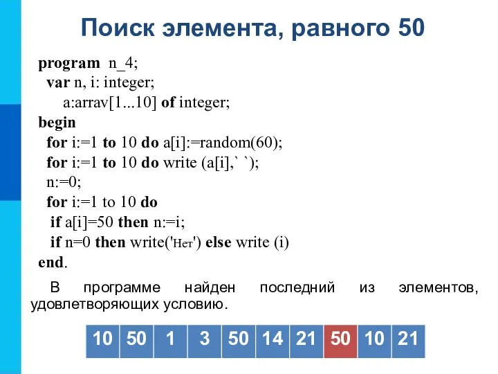 Поиск элемента, равного 50 В программе найден последний из элементов, удовлетворяющих условию.