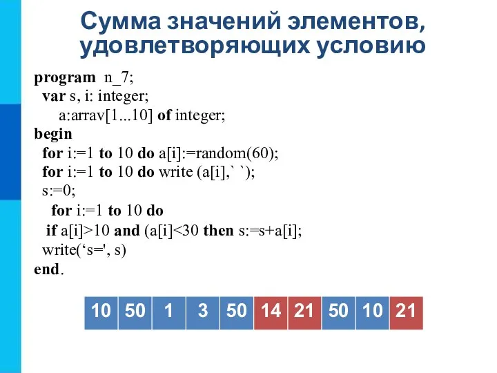 Сумма значений элементов, удовлетворяющих условию program n_7; var s, i: integer; a:arrav[1...10]