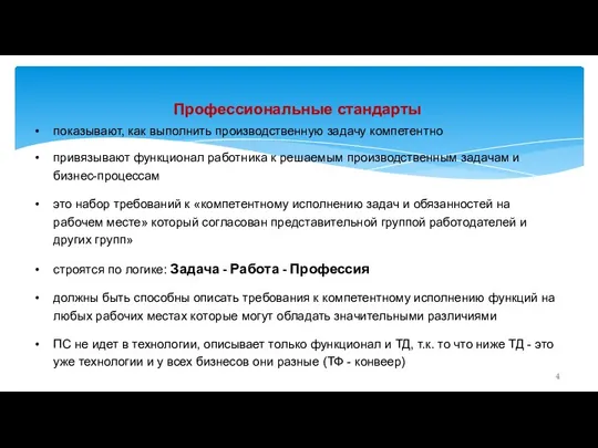 Профессиональные стандарты • показывают, как выполнить производственную задачу компетентно • привязывают функционал