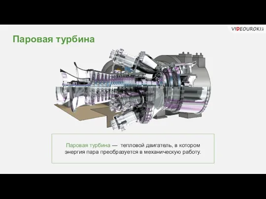 Паровая турбина Паровая турбина — тепловой двигатель, в котором энергия пара преобразуется в механическую работу.