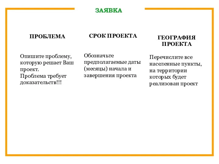 ЗАЯВКА ПРОБЛЕМА Опишите проблему, которую решает Ваш проект. Проблема требует доказательств!!! СРОК