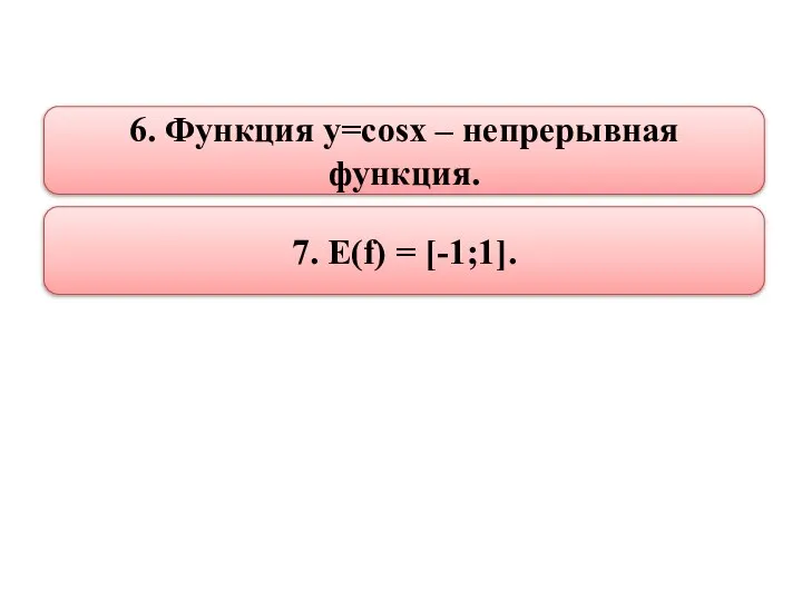 6. Функция y=cosx – непрерывная функция. 7. E(f) = [-1;1].