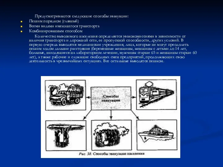 Предусматриваются следующие способы эвакуации: Пешим порядком (главный) Всеми видами имеющегося транспорта Комбинированным