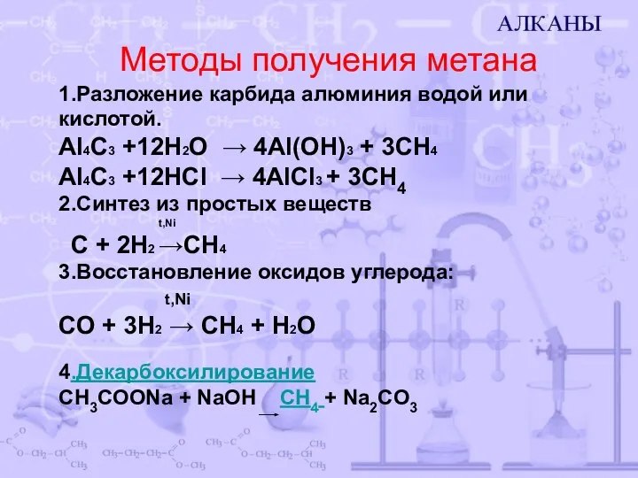 Методы получения метана 1.Разложение карбида алюминия водой или кислотой. Al4C3 +12H2O →