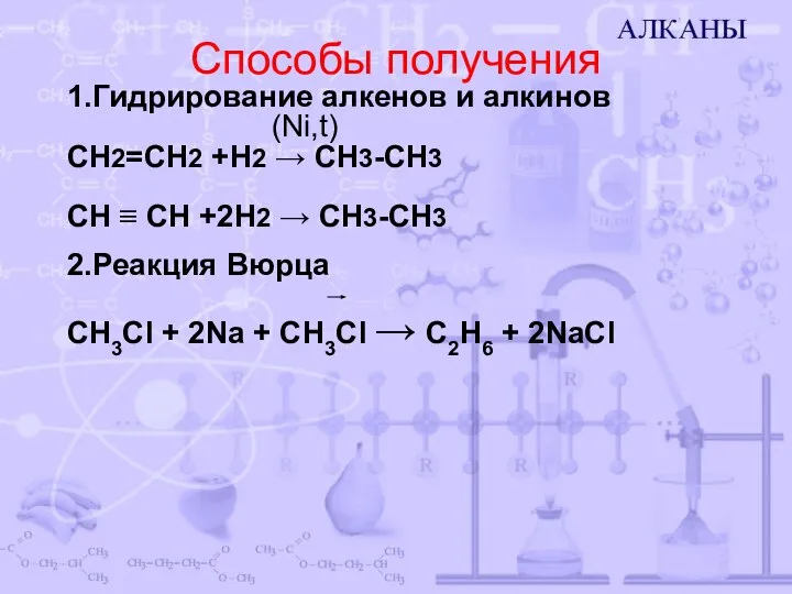 Способы получения 1.Гидрирование алкенов и алкинов (Ni,t) СН2=СН2 +Н2 → СН3-СН3 СН