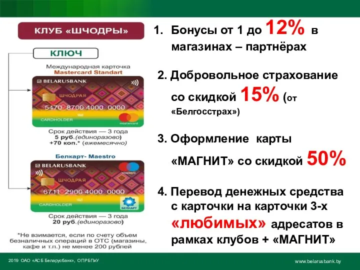 2019 ОАО «АСБ Беларусбанк», ОПРБПиУ www.belarusbank.by Бонусы от 1 до 12% в