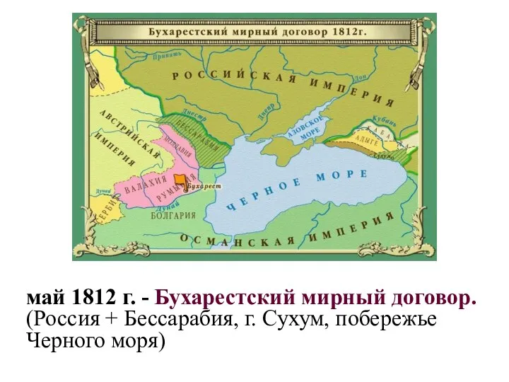май 1812 г. - Бухарестский мирный договор. (Россия + Бессарабия, г. Сухум, побережье Черного моря)