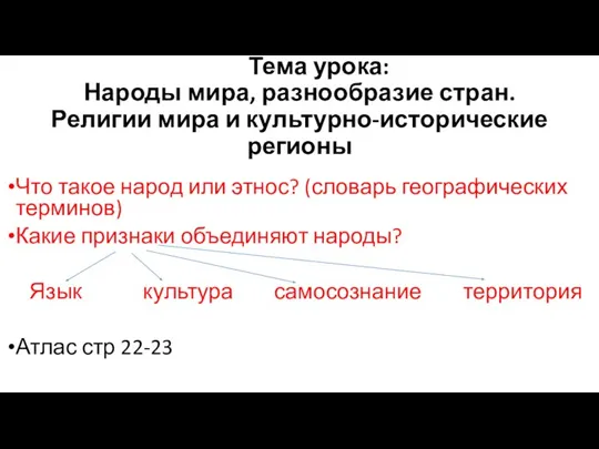 Тема урока: Народы мира, разнообразие стран. Религии мира и культурно-исторические регионы Что