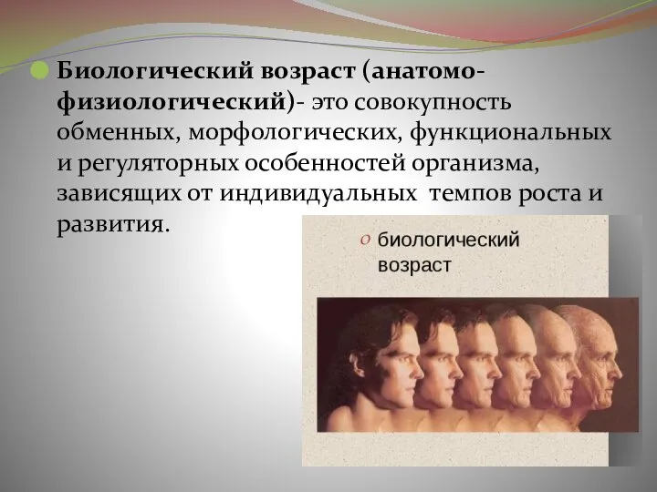 Биологический возраст (анатомо-физиологический)- это совокупность обменных, морфологических, функциональных и регуляторных особенностей организма,