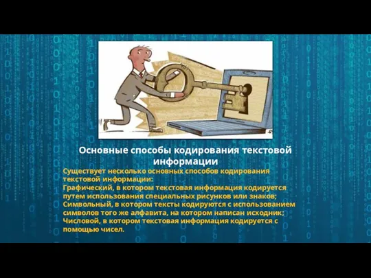 Основные способы кодирования текстовой информации Существует несколько основных способов кодирования текстовой информации: