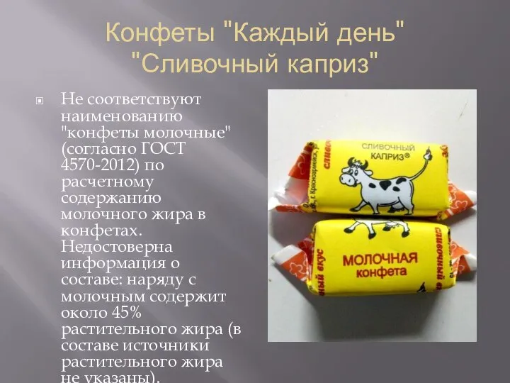 Конфеты "Каждый день" "Сливочный каприз" Не соответствуют наименованию "конфеты молочные" (согласно ГОСТ