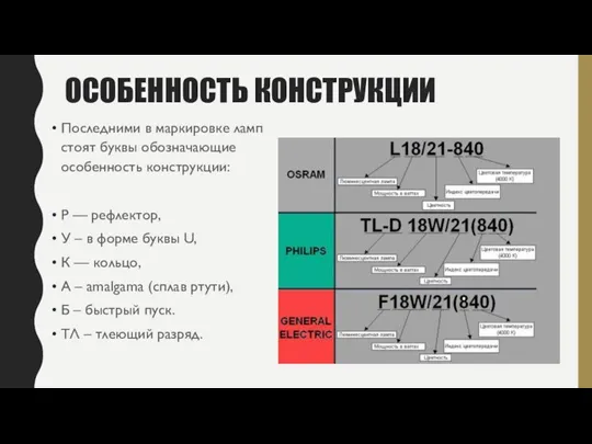 ОСОБЕННОСТЬ КОНСТРУКЦИИ Последними в маркировке ламп стоят буквы обозначающие особенность конструкции: Р