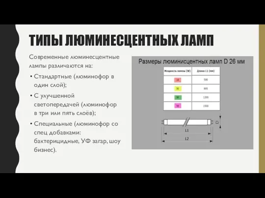 ТИПЫ ЛЮМИНЕСЦЕНТНЫХ ЛАМП Современные люминесцентные лампы различаются на: Стандартные (люминофор в один