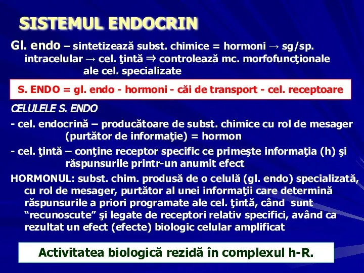 SISTEMUL ENDOCRIN Gl. endo – sintetizează subst. chimice = hormoni → sg/sp.