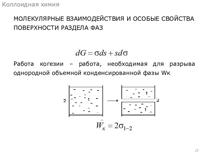 МОЛЕКУЛЯРНЫЕ ВЗАИМОДЕЙСТВИЯ И ОСОБЫЕ СВОЙСТВА ПОВЕРХНОСТИ РАЗДЕЛА ФАЗ Коллоидная химия Работа когезии