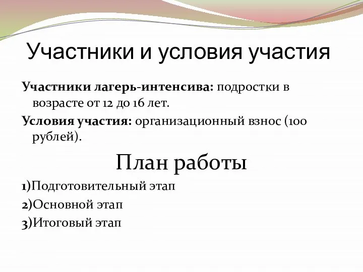 Участники и условия участия Участники лагерь-интенсива: подростки в возрасте от 12 до