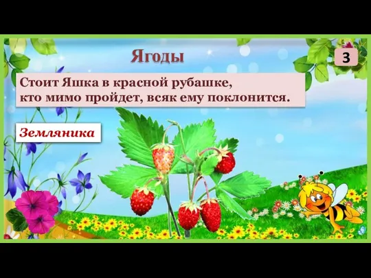 Земляника Стоит Яшка в красной рубашке, кто мимо пройдет, всяк ему поклонится. Ягоды 3