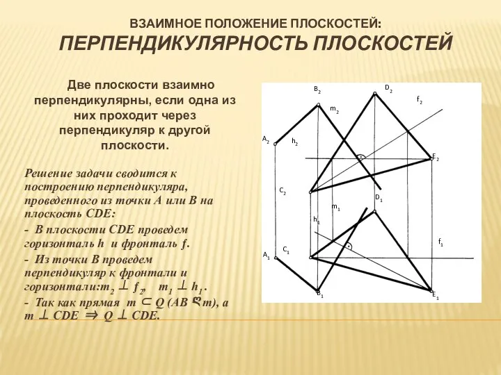 ВЗАИМНОЕ ПОЛОЖЕНИЕ ПЛОСКОСТЕЙ: ПЕРПЕНДИКУЛЯРНОСТЬ ПЛОСКОСТЕЙ Решение задачи сводится к построению перпендикуляра, проведенного