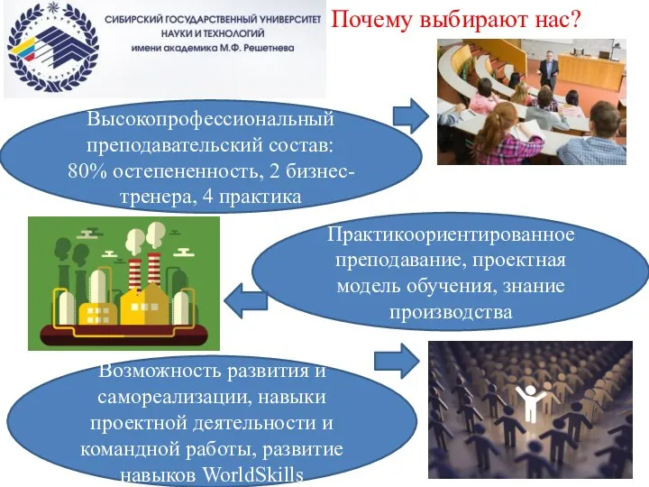 Высокопрофессиональный преподавательский состав: 80% остепененность, 2 бизнес-тренера, 4 практика Практикоориентированное преподавание, проектная