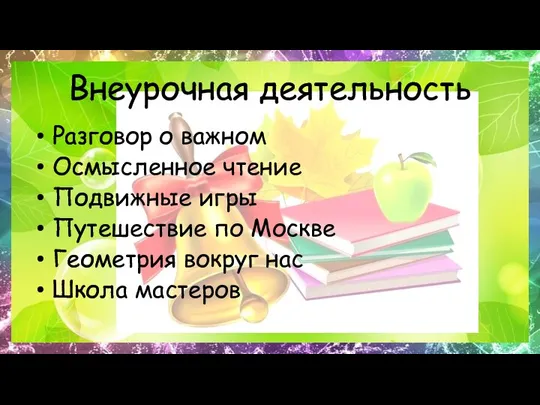 Внеурочная деятельность Разговор о важном Осмысленное чтение Подвижные игры Путешествие по Москве