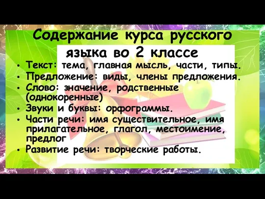 Содержание курса русского языка во 2 классе Текст: тема, главная мысль, части,