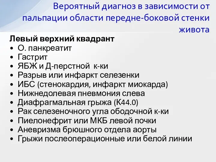 Левый верхний квадрант О. панкреатит Гастрит ЯБЖ и Д-перстной к-ки Разрыв или