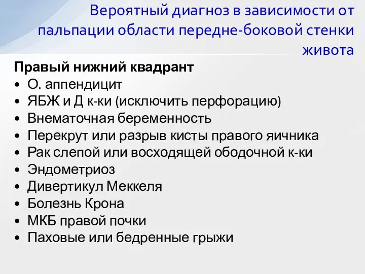 Правый нижний квадрант О. аппендицит ЯБЖ и Д к-ки (исключить перфорацию) Внематочная