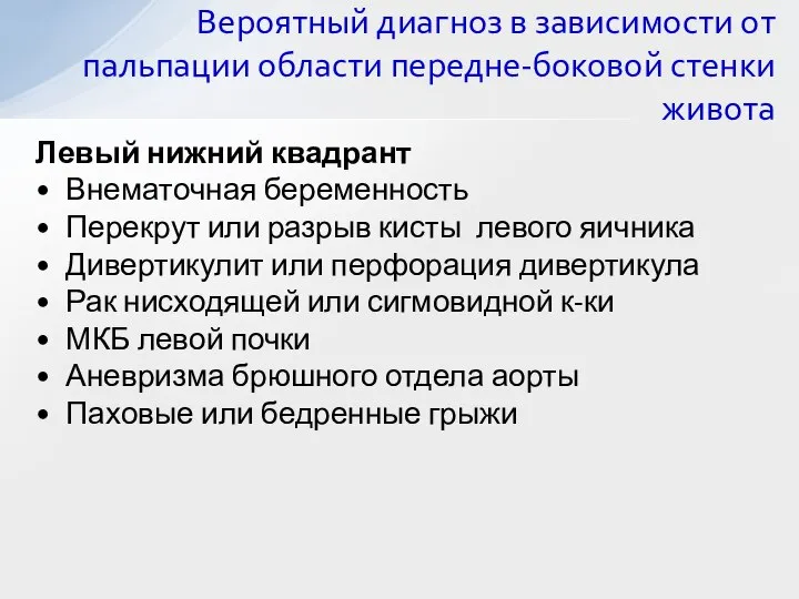 Левый нижний квадрант Внематочная беременность Перекрут или разрыв кисты левого яичника Дивертикулит