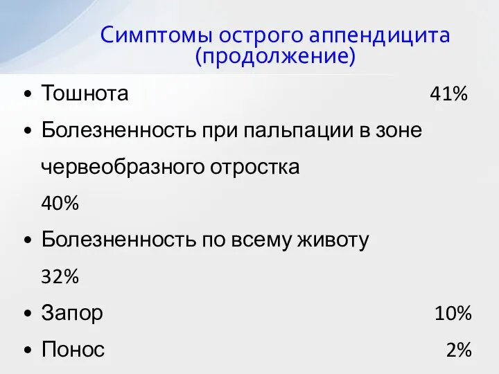 Симптомы острого аппендицита (продолжение) Тошнота 41% Болезненность при пальпации в зоне червеобразного