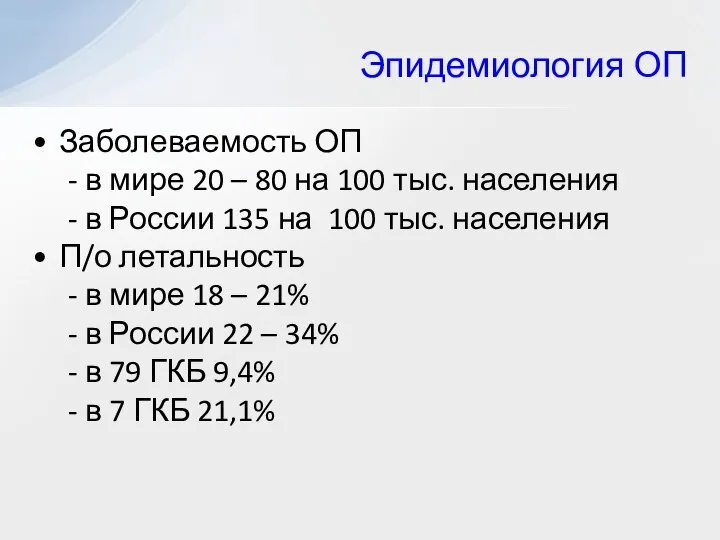 Эпидемиология ОП Заболеваемость ОП - в мире 20 – 80 на 100