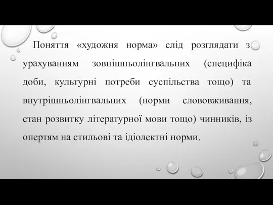 Поняття «художня норма» слід розглядати з урахуванням зовнішньолінгвальних (специфіка доби, культурні потреби