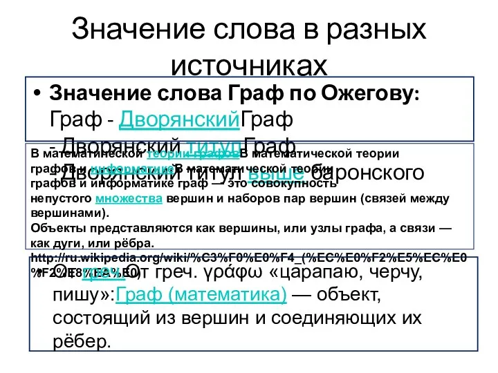 Значение слова в разных источниках Значение слова Граф по Ожегову: Граф -