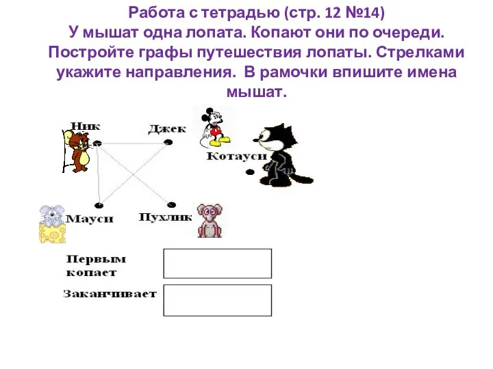 Работа с тетрадью (стр. 12 №14) У мышат одна лопата. Копают они