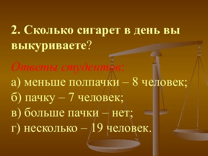 2. Сколько сигарет в день вы выкуриваете? Ответы студентов: а) меньше полпачки