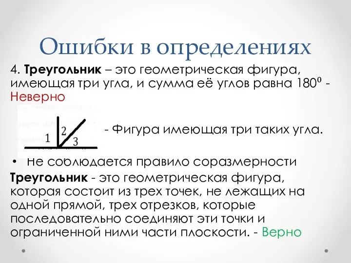 Ошибки в определениях 4. Треугольник – это геометрическая фигура, имеющая три угла,