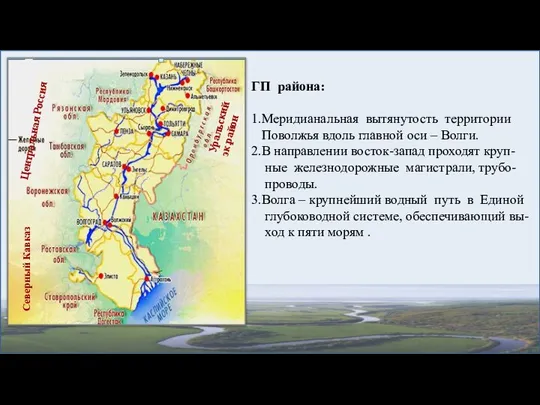 ГП района: 1.Меридианальная вытянутость территории Поволжья вдоль главной оси – Волги. 2.В