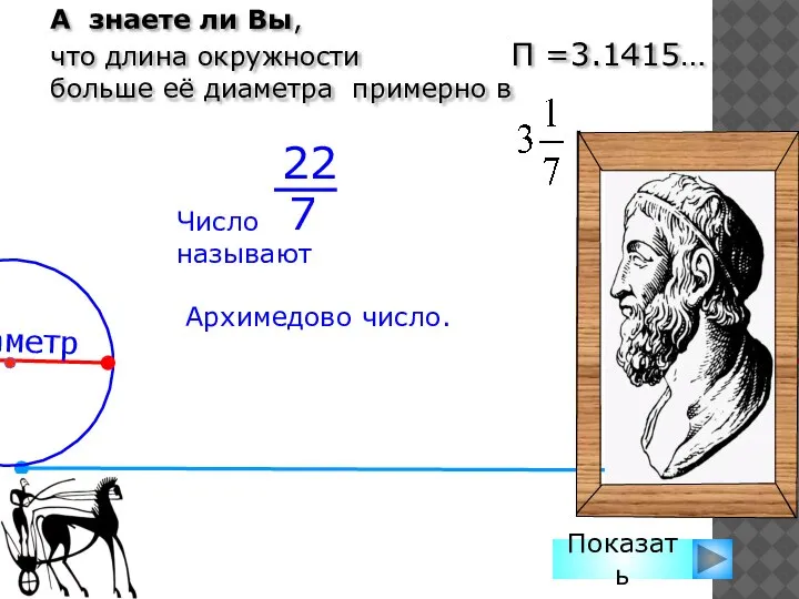 А знаете ли Вы, что длина окружности П =3.1415… больше её диаметра примерно в Показать