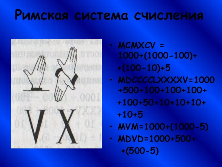 Римская система счисления MCMXCV = 1000+(1000-100)+ +(100-10)+5 MDCCCCLXXXXV=1000+500+100+100+100+ +100+50+10+10+10+ +10+5 MVM=1000+(1000-5) MDVD=1000+500+ +(500-5)