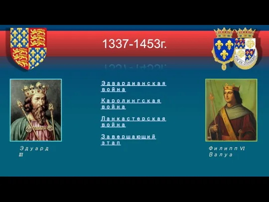 1337-1453г. Эдуард III Филипп VI Валуа Эдвардианская война Каролингская война Ланкастерская война Завершающий этап