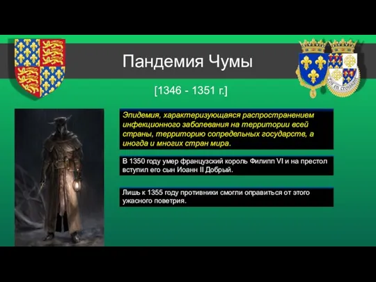 Пандемия Чумы [1346 - 1351 г.] Эпидемия, характеризующаяся распространением инфекционного заболевания на