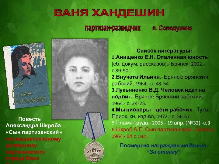 ВАНЯ ХАНДЕШИН п. Солодухино партизан-разведчик Список литературы: 1.Анищенко Е.Н. Опаленная юность: [сб.