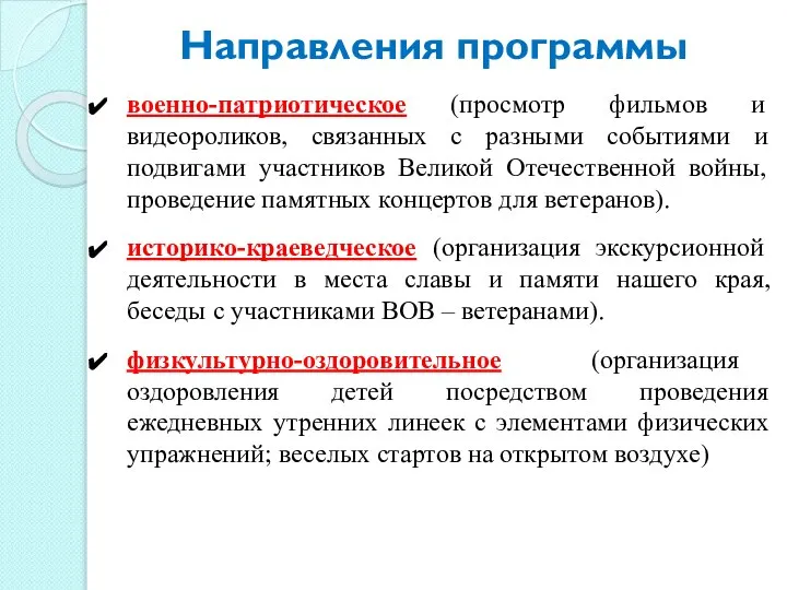 Направления программы военно-патриотическое (просмотр фильмов и видеороликов, связанных с разными событиями и