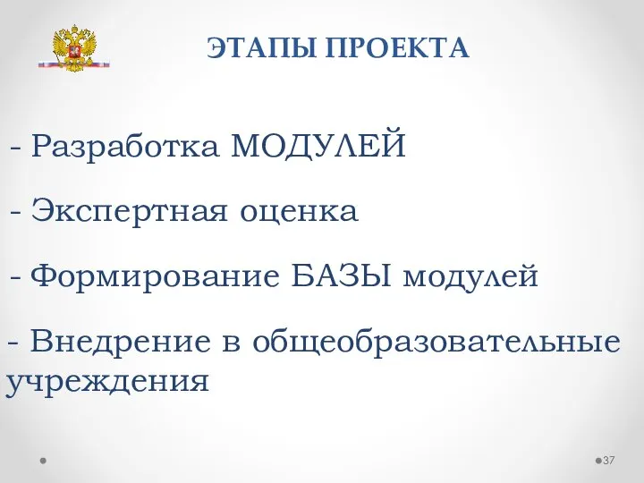 ЭТАПЫ ПРОЕКТА Разработка МОДУЛЕЙ Экспертная оценка Формирование БАЗЫ модулей - Внедрение в общеобразовательные учреждения