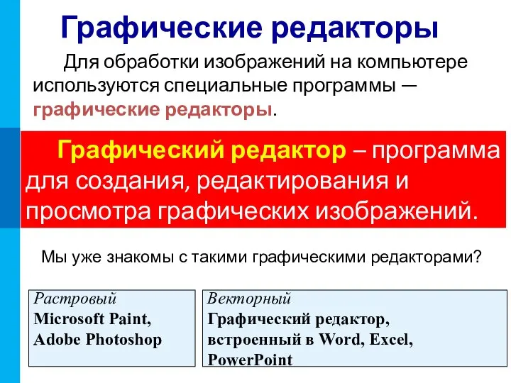 Графические редакторы Графический редактор – программа для создания, редактирования и просмотра графических