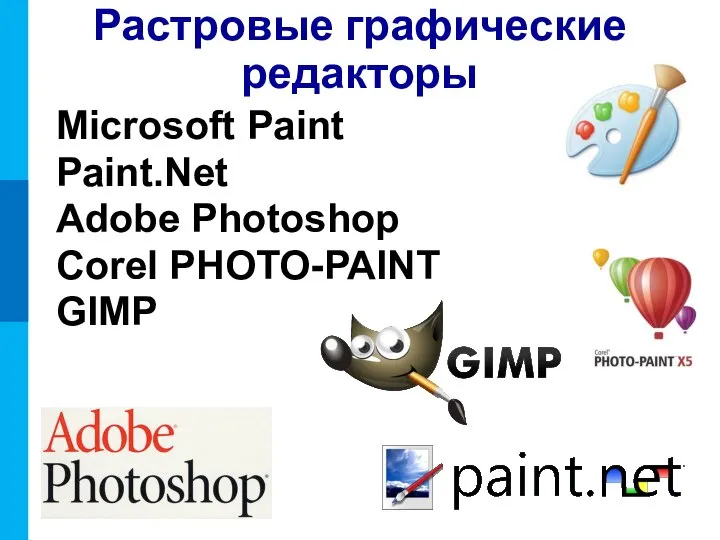 Растровые графические редакторы Microsoft Paint Раint.Net Adobe Photoshop Corel PHOTO-PAINT GIMP