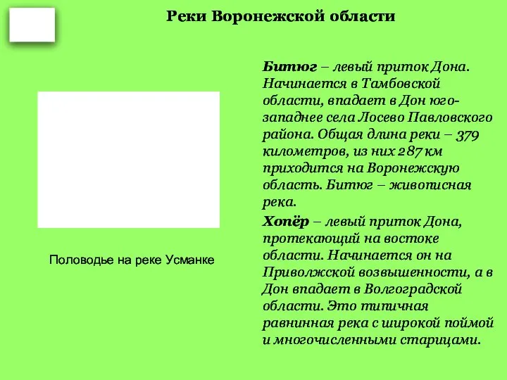 Реки Воронежской области Битюг – левый приток Дона. Начинается в Тамбовской области,