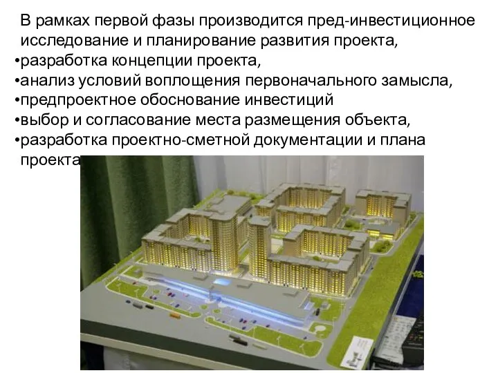 В рамках первой фазы производится пред-инвестиционное исследование и планирование развития проекта, разработка